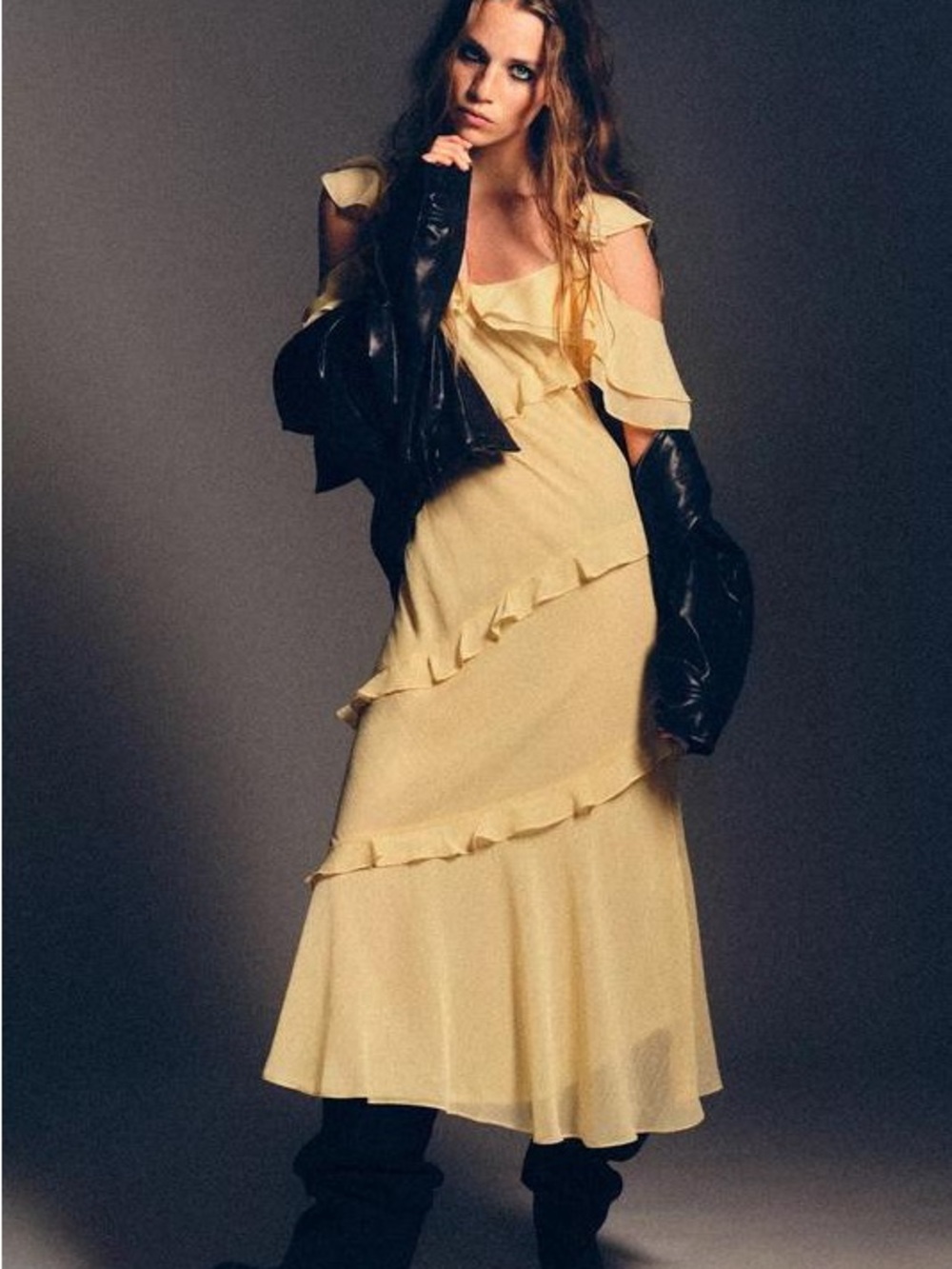 ZARA Yellow Ruffle Cold-Shoulder Maxi Dress